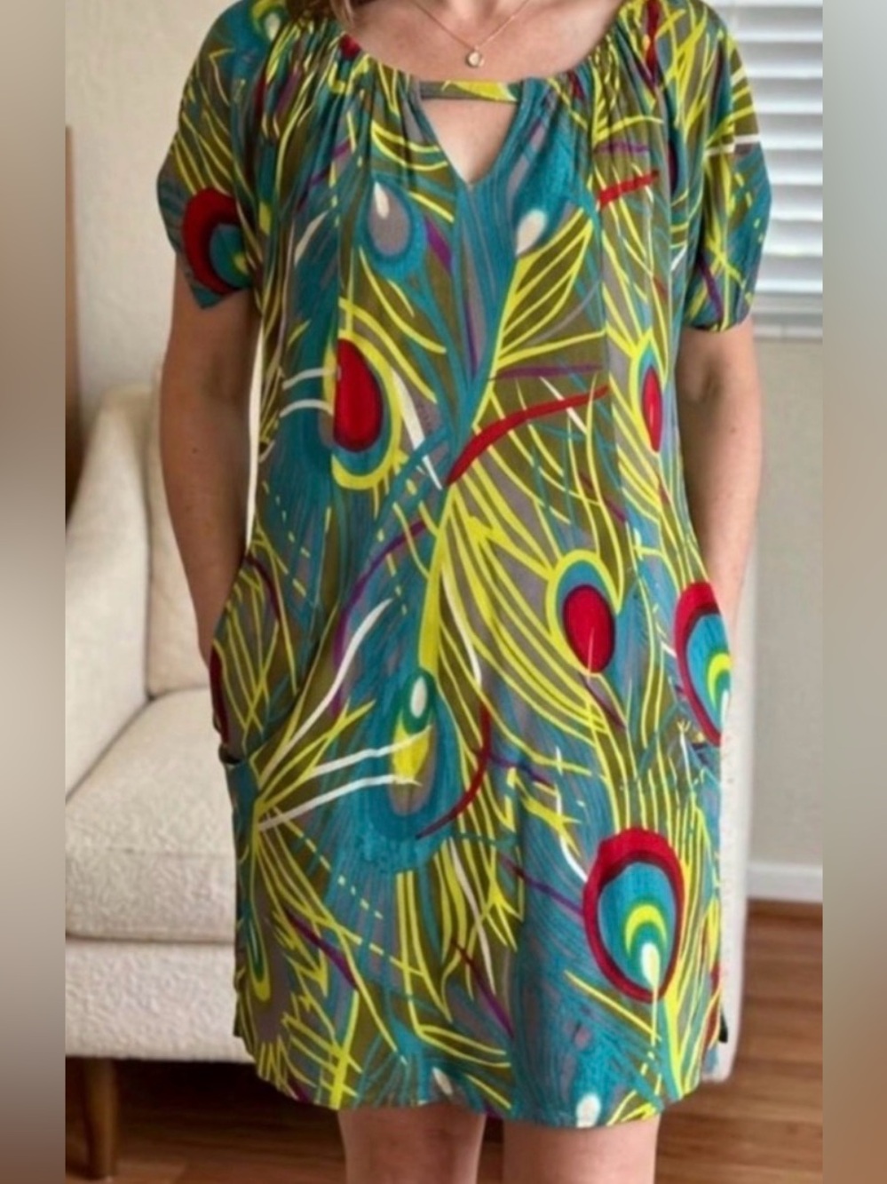 Vintage T-bags Peacock-Print Shift Dress in Teal & Yellow, 100% Rayon Size Small